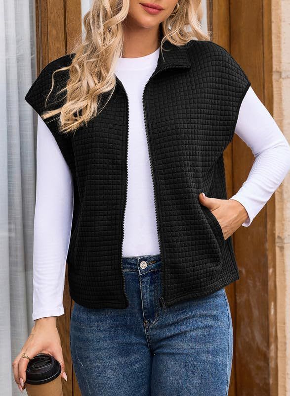 Women's Zip-Up Waffle Knit Sleeveless Oversized Vest With Pockets - Lightweight Layering Piece For Casual & Work Outfits (S-3XL, Multiple Colors)_ecoleips.com