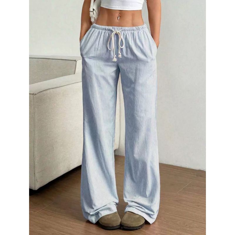 Women's Clothing New Summer Striped Straight Trousers Casual Versatile Lace Up Fashionable Loose Wide Leg Women_ecoleips.com