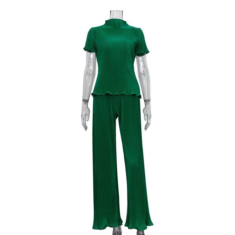 Women's Clothing slim T-shirt high waist blue pleated mopping pants casual _ecoleips.com