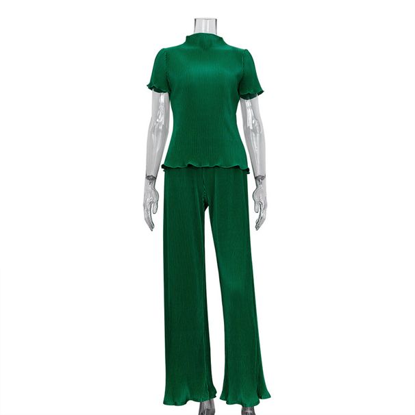 Women's Clothing slim T-shirt high waist blue pleated mopping pants casual _ecoleips.com