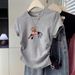 High End Women's off Shoulder T-Shirt Short Sleeved Slimming Waist Cinching Irregular Print Summer Top_ecoleips.com