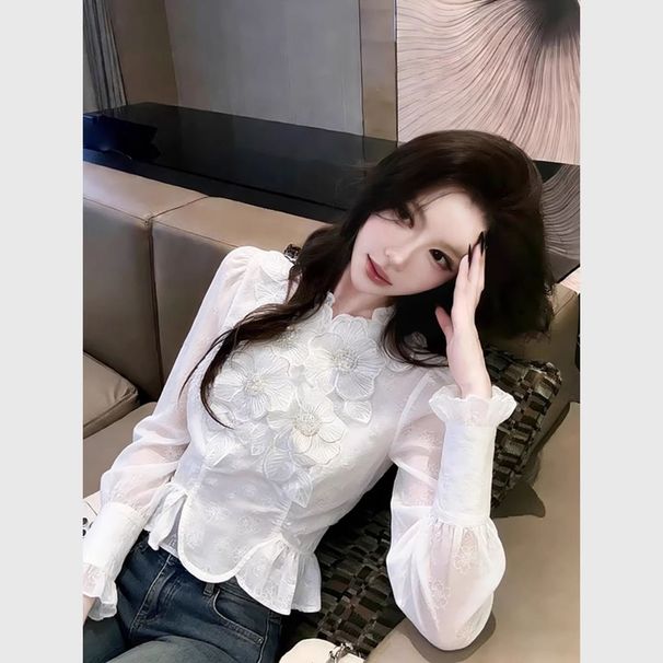 White Jacquard Shirt For Women, Spring, Light Luxury, High-end, Unique, Beautiful, French-style, Waist-cinched,_ecoleips.com