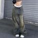 Women's Clothing Street Washed Old Letter Print Jeans Low Waist Loose Wide Leg Drag Casual Trousers_ecoleips.com