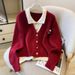 Elegant Notch Lapel Knit Cardigan For Women - Winter Staple With Fake Two-Piece Design, 3D Effect, Long Sleeve (Gray/Black/Red/Khaki/Beige)_ecoleips.com