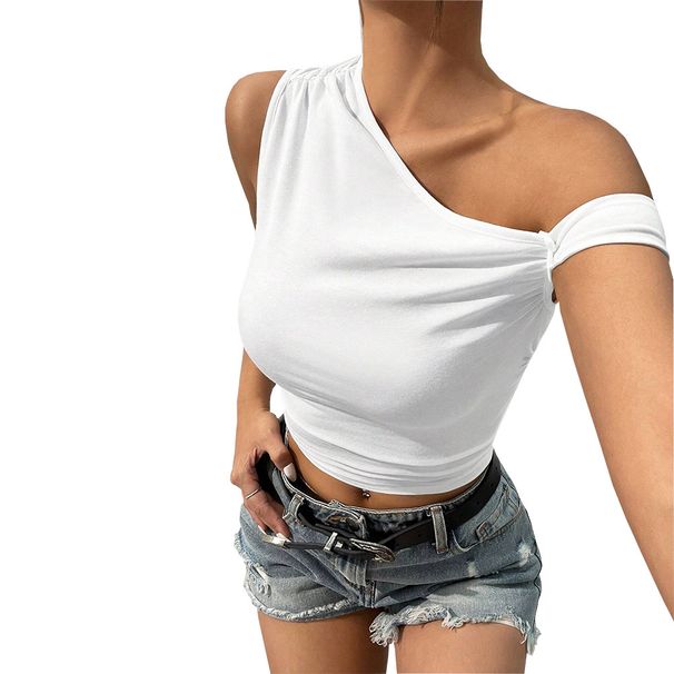 Voya Women's Sexy Spicy Girl Design With Slanted Shoulder Collar, Knitted Slim Fit, Showing Figure, Slanted Shoulder T-shirt_ecoleips.com