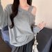 European American Style Solid Color Real-shot Chinese Cotton Composite Loose-fit Sweatshirt Women With Off-shoulder_ecoleips.com