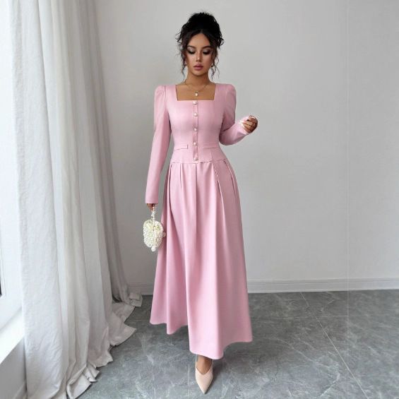 Voya New Autumn Collection Of Women's Clothing Featuring A Slim Waist And A High-end Dress With French Style Single Breasted Square Neck And Pleated Design_ecoleips.com
