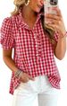 Women's Summer V-Neck Blouse With Ruffles, Bubble Sleeves, Button Detail, Striped & Checkered Casual Shirt_ecoleips.com