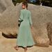 Women's Spring/Summer Fitted Chiffon Dress Round Neck Solid Color Elastic Sleeves Full Skirt Long Casual Elegant Loose Fit_ecoleips.com