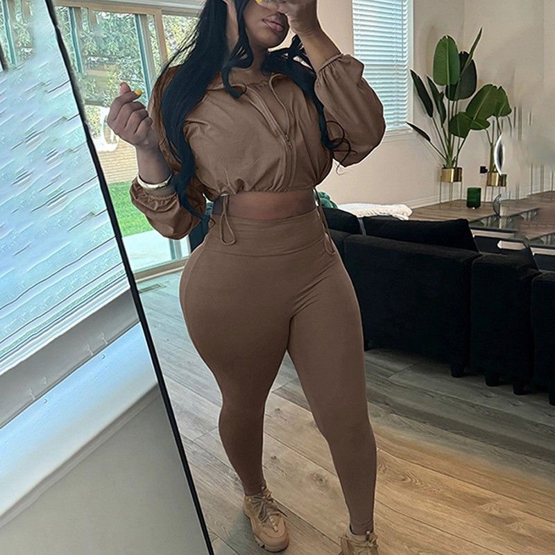 Women's European American Style Sexy Crop Top And High Waisted Pants Set Solid Color Drawstring Waist Zipper Tight Outfit_ecoleips.com