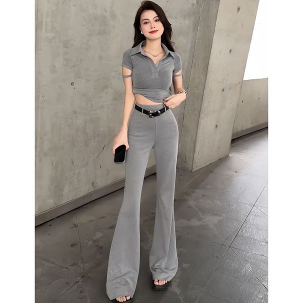 European-style Short-sleeved Sports Suit For Women, 2026 Summer New Trendy Slim-fit Short Top And Flared Pants Two-piece_ecoleips.com