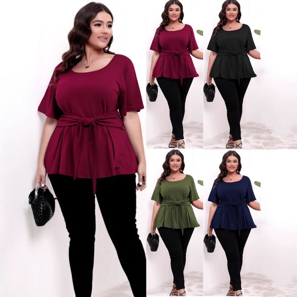 plus Size Women's Short Sleeve T-Shirt round Neck Belted Top Simple Design European And American Style Cross Border Fashion_ecoleips.com