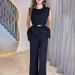 Summer Women's Sleeveless Belted High-Waist Wide Leg Pants Set – Office Chic & Casual Elegance, Polyester Stretchy Fabric, Black/White_ecoleips.com