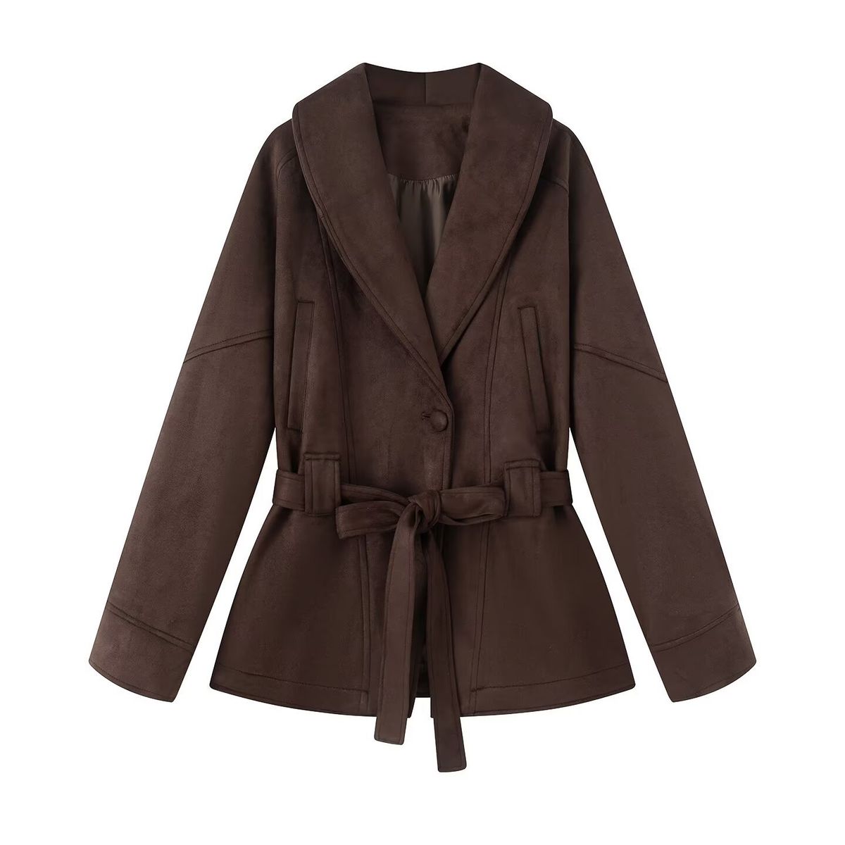 Women's Retro Lapel Suede Trench Coat – Belted Waist, Classic European Style, Elegant Outerwear For Fall & Winter_ecoleips.com