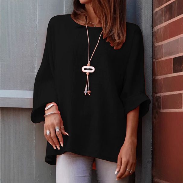 Women's Autumn/Winter Round-Neck Cotton Linen Plain-Colored T-Shirt_ecoleips.com