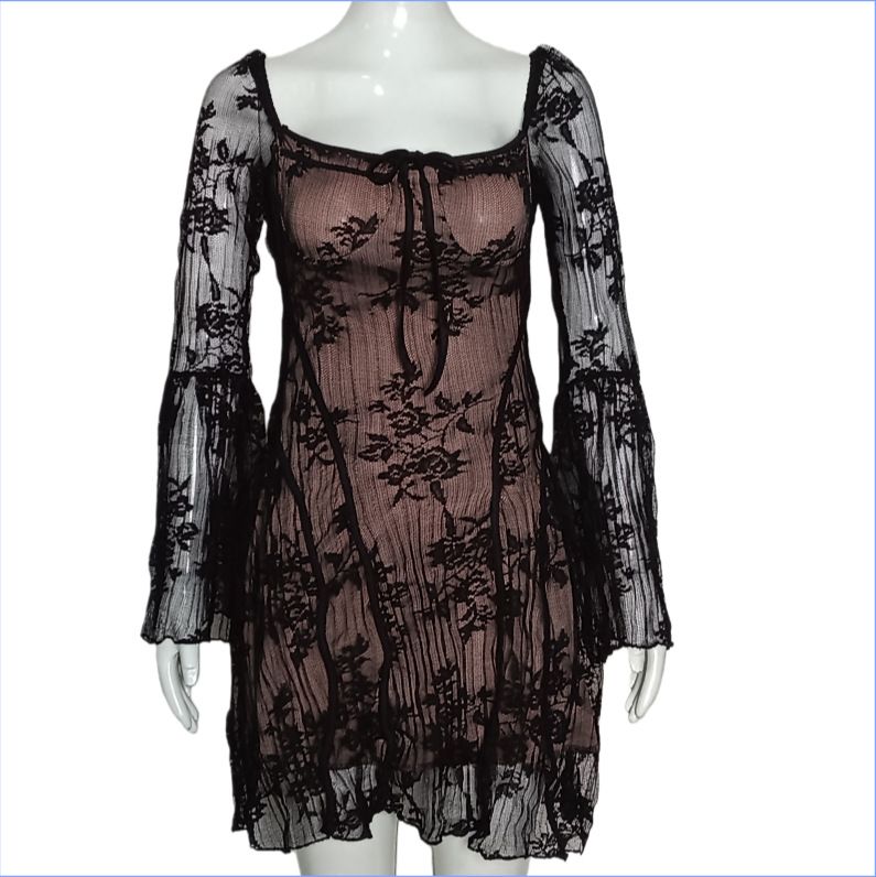 Women's Ballet Core Sexy Wrap Strapless Lace Floral Print Long Sleeve Bodycon Mini Dress – Sweet Summer Gown 2026_ecoleips.com