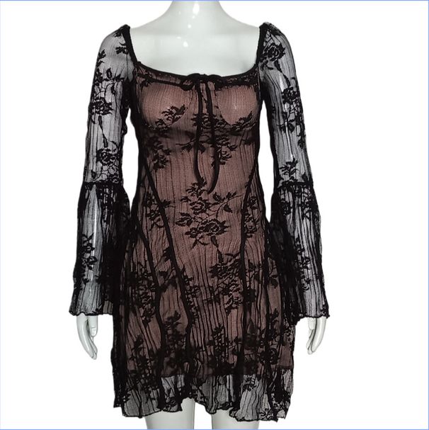 Women's Ballet Core Sexy Wrap Strapless Lace Floral Print Long Sleeve Bodycon Mini Dress – Sweet Summer Gown 2026_ecoleips.com