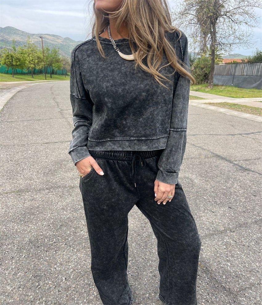 Tie-Waist Lounge Set – Stretch Denim Long Sleeve Top & Pants (Black/Grey/Green/Khaki, S-3XL)_ecoleips.com