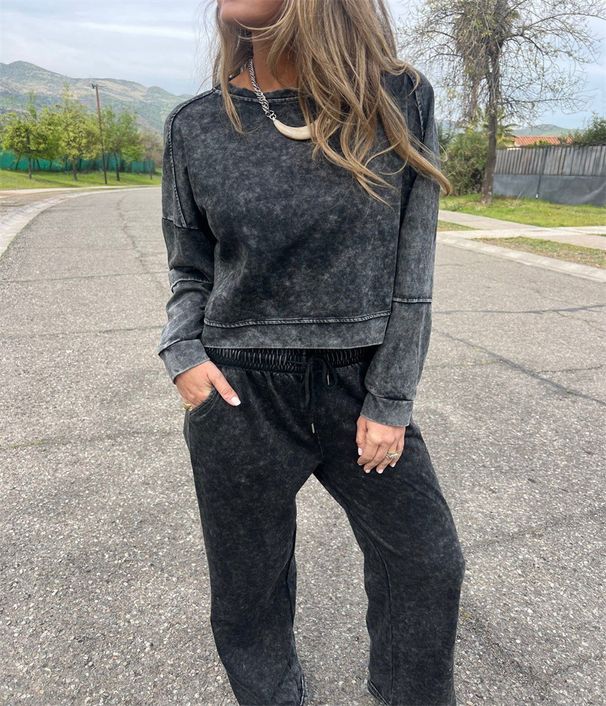 Tie-Waist Lounge Set – Stretch Denim Long Sleeve Top & Pants (Black/Grey/Green/Khaki, S-3XL)_ecoleips.com