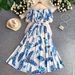 Elegant Off-Shoulder Long Dress With Rhinestone Embroidery Floral Print Waist-Defining Ruffle Sleeves Formal Evening Gown_ecoleips.com