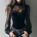 Mesh Patchwork Black Hollow Out Top Lantern Sleeve Lace Base Shirt_ecoleips.com