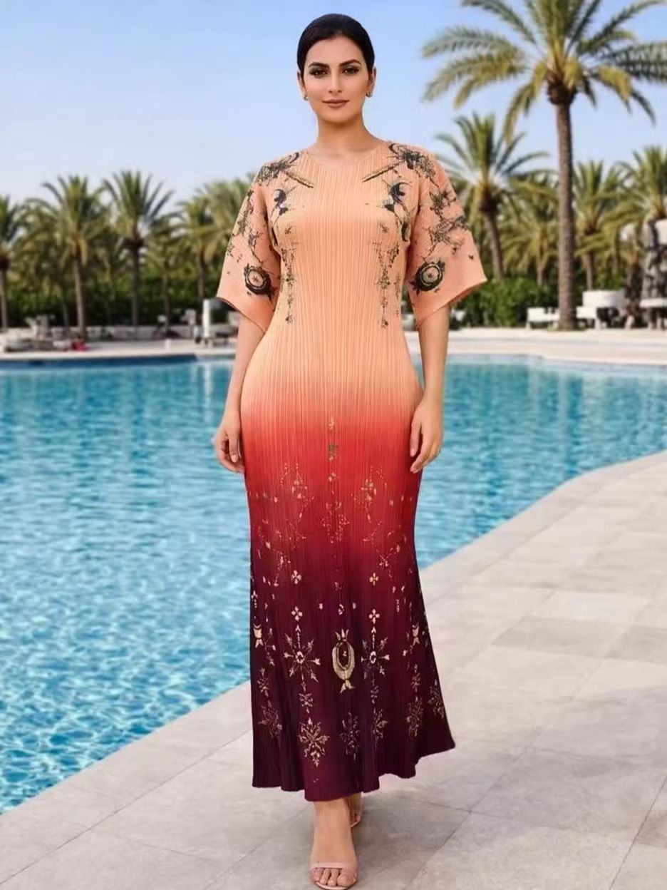 Women's Clothing New Summer Gradient Pleated Long Dress For Women Retro Fashionable Versatile Elegant Printed Design_ecoleips.com