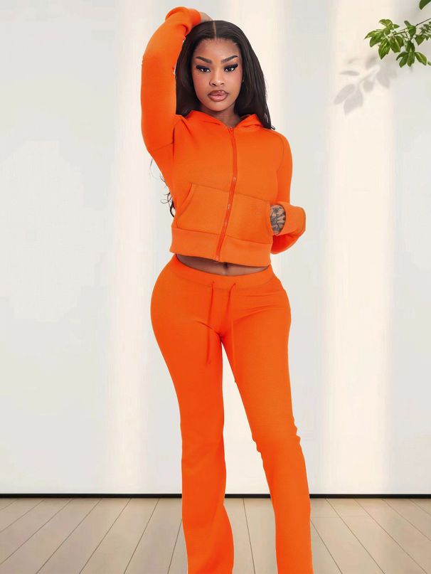 Women's Clothing Autumn And Winter Women's Fashion Casual Waffle Hooded Cardigan Drawstring Micro Flared Pants Suit_ecoleips.com
