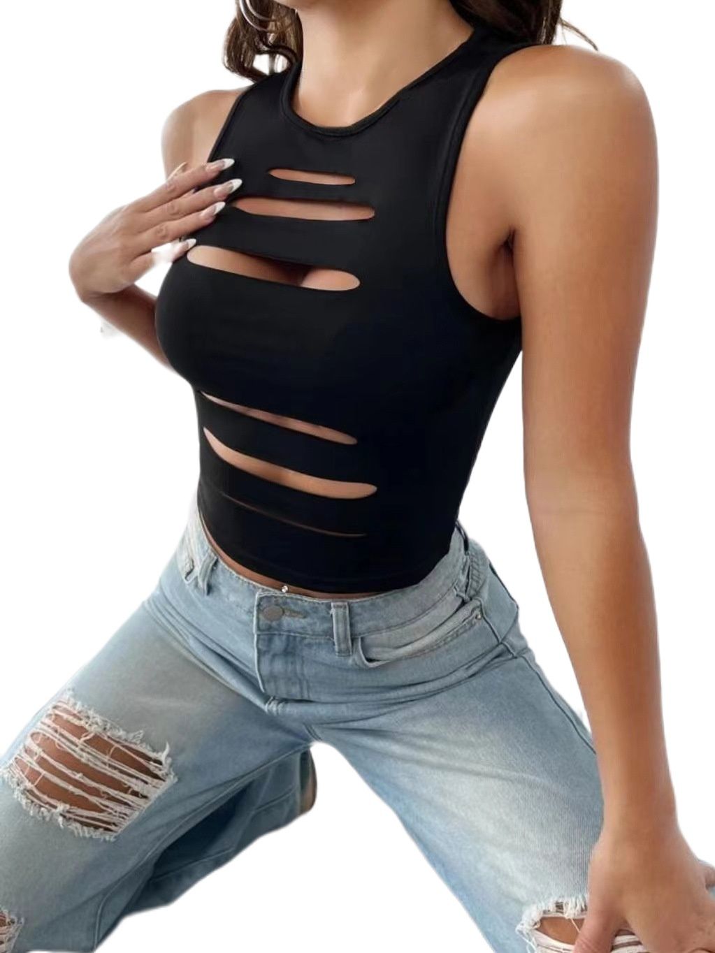 Patterned Hollow-out Ripped Tank Tight-fitting Inner Wear, Cropped Top, Summer Sleeveless Vest_ecoleips.com