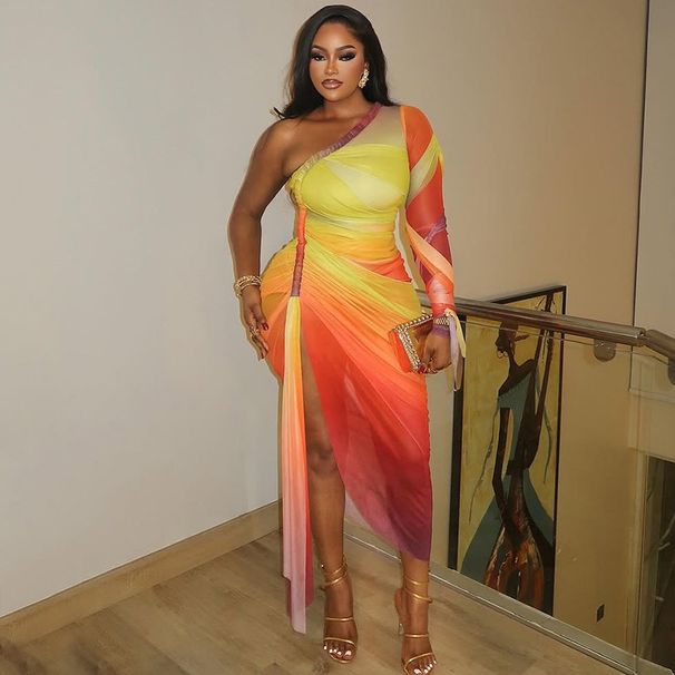 Women's Pleated Color Block Slit Slim Fit Irregular Skirt Long Sleeve One Shoulder Fashion Dress European American Style Export_ecoleips.com