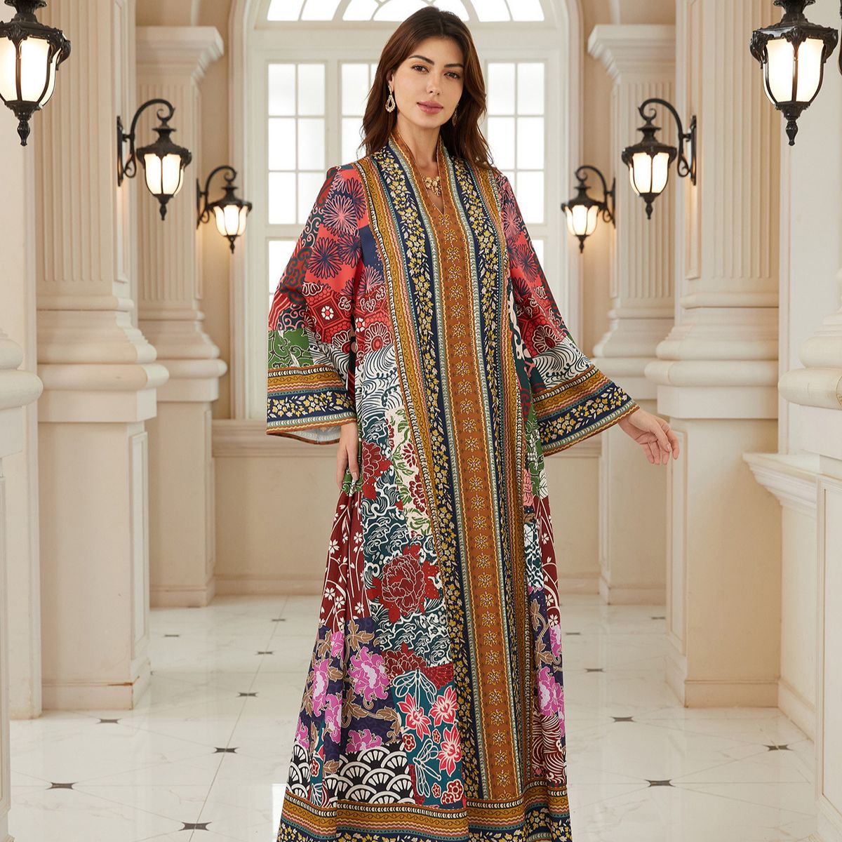 Women's Ethnic Style V Neck Maxi Dress Long Sleeve Printed Loose Flowy Skirt Jalabiya Clothing_ecoleips.com