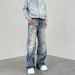 Women's Clothing 3D Printed Straight Loose Ink Splashed Print High Distressed Jeans_ecoleips.com