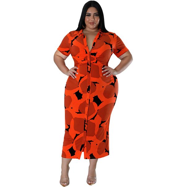 Plus Size Women's Clothing Button Down Cardigan Long Dress Short Sleeved Collared_ecoleips.com