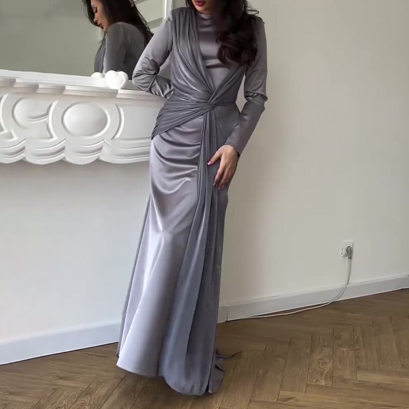 Women's Autumn Wrap Dress With High Waist Tie – Slim Fit V-Neck Long Formal Gown In Emerald/Brown/Silver Violet_ecoleips.com