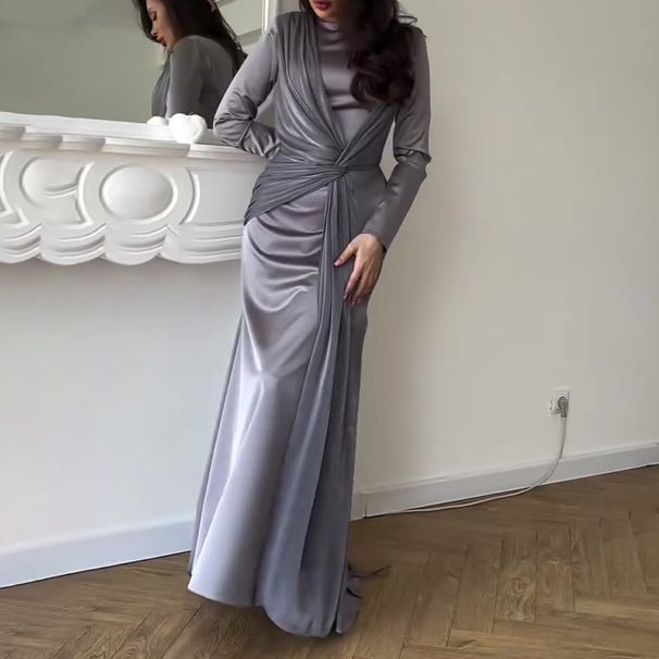 Women's Autumn Wrap Dress With High Waist Tie – Slim Fit V-Neck Long Formal Gown In Emerald/Brown/Silver Violet_ecoleips.com