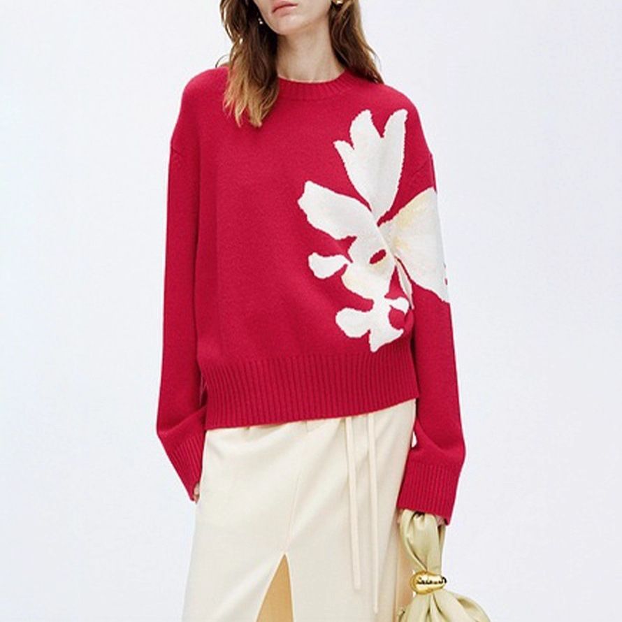 3D Floral Contrast Knit Sweater – Festive Christmas Pullover For Women (XS-XXL, Red/White)_ecoleips.com