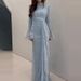 Fashion Lace High Waisted Prom Dress Female Casual Stand Collar Flared Sleeve Princess Dress Sexy Slim Fit Pleated Long Dresses_ecoleips.com