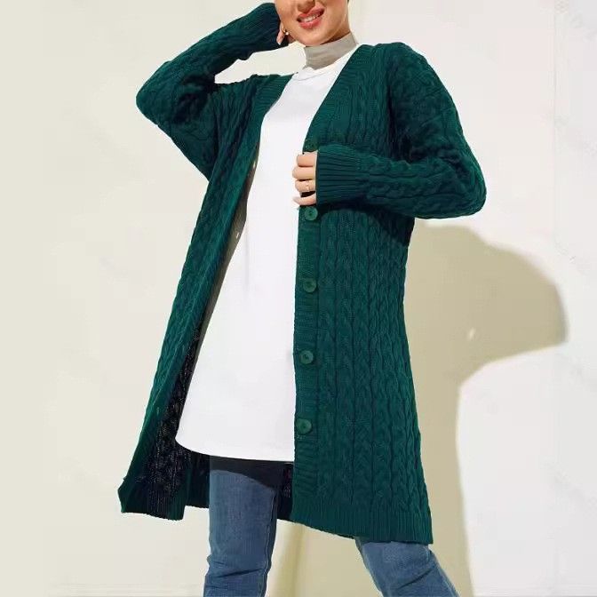 Women's Modest Long Cardigan Sweater – Muslim-Friendly Oversized Knit Open Front Coat, Polyester-Spandex Blend For Comfort, Solid Dark Green_ecoleips.com