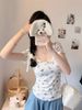 2026 Early Spring French Style Elegant Floral Print Blouse With Bow Collar And Built-In Chest Pads, Short Sleeve_ecoleips.com