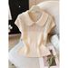 Women's French Style Knitted Top Soft Peter Pan Collar Hollow Design Short Sleeved Slimming Elegant Fashion Summer 2026_ecoleips.com
