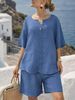 Summer Vacation Style Women's Cotton Linen Set Loose V Neck Short Sleeved Top With Cropped Straight Leg Pants Two Piece Outfit_ecoleips.com