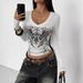 American-style Autumn Winter New Printed Long-sleeve T-shirt, Slim-fit And Slimming Y2K Bodycon Top, Vintage Women's_ecoleips.com