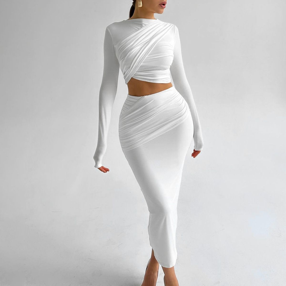 Women's European American Style round Neck Long Sleeve Pant Set Slim Fit Cropped Top And Skirt Combo for Autumn Winter Fashion_ecoleips.com