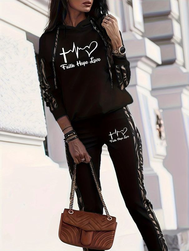 Women's Autumn Winter Fashion Hooded Printed Two Piece Set Long Sleeved Trouser Side Stripe Design Casual Slim Fit Outerwear_ecoleips.com