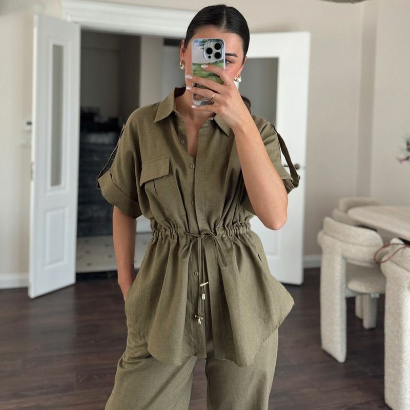 Women's Clothing Casual Workwear Pocket Drawstring Short Sleeved Shirt Trousers Summer Two Piece Suit_ecoleips.com