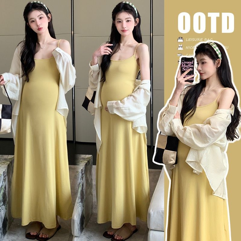 Autumn New Korean Style Stretch Camisole + Sunscreen Cardigan Two-Piece Maternity Dress_ecoleips.com