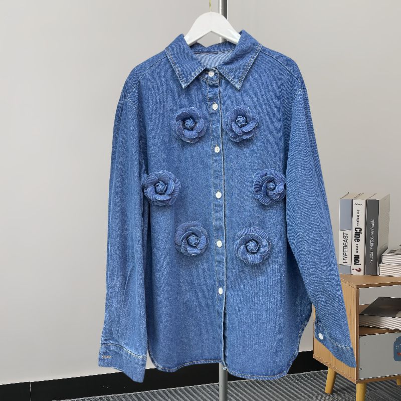 Retro Denim Shirt Jacket – Oversized Boyfriend Style With Floral Embroidery (One Size, Polo Collar, Light/Indigo Wash)_ecoleips.com