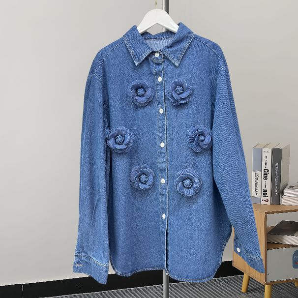 Retro Denim Shirt Jacket – Oversized Boyfriend Style With Floral Embroidery (One Size, Polo Collar, Light/Indigo Wash)_ecoleips.com