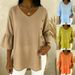 Women's V Neck Button Down Shirt Loose Fit Comfortable Solid Color Cotton Linen Blend New Arrival From Europe & America 2026_ecoleips.com