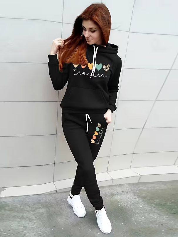 Women's Clothing New Women's Fleece Lined, Thickened, Personalized Heart Print Hooded Tracksuit (0002 Print)_ecoleips.com