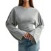 2025 New Solid Color Round Neck Front Shoulder Wide Sleeve Waist Sexy Long Sleeve Top_ecoleips.com